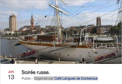 Bannière Facebook. Dunkerque. Soirée russe. Organisée par Café Langues de Dunkerque. 2018-06-13